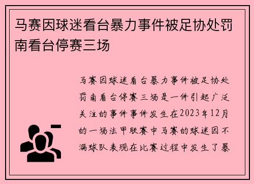 马赛因球迷看台暴力事件被足协处罚南看台停赛三场